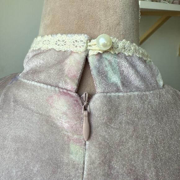 Vintage Floral Stretchy Velvet Prairie Dress M Ruffle Lace Yoke Cottagecore Maxi - Picture 6 of 13